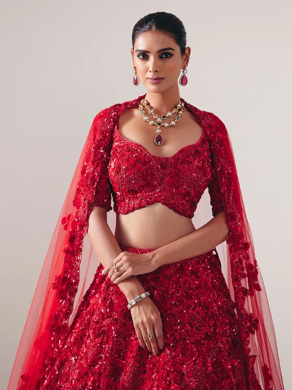 Maroon net designer lehenga choli with sequins gleam