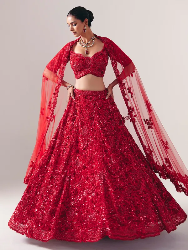Maroon net designer lehenga choli with sequins gleam