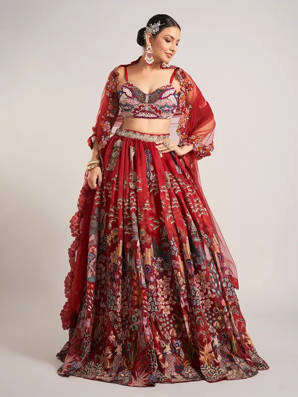 Maroon organza reception wear lehenga choli