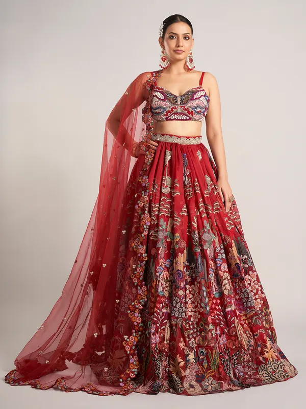 Maroon organza reception wear lehenga choli