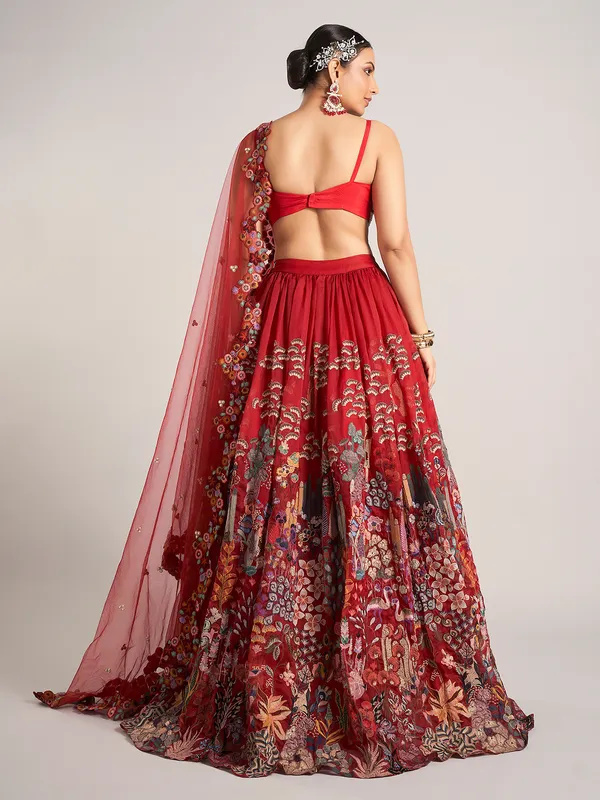 Maroon organza reception wear lehenga choli
