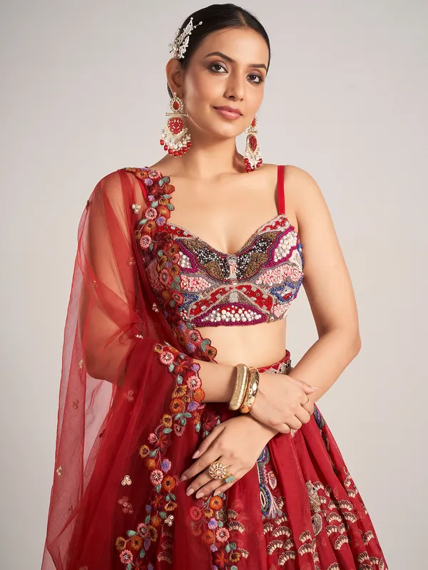 Maroon organza reception wear lehenga choli