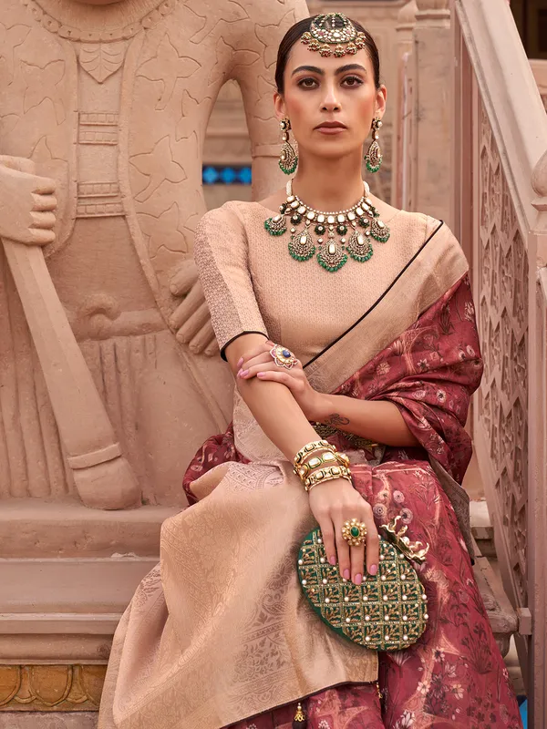 Maroon organza saree with radiant zari weave