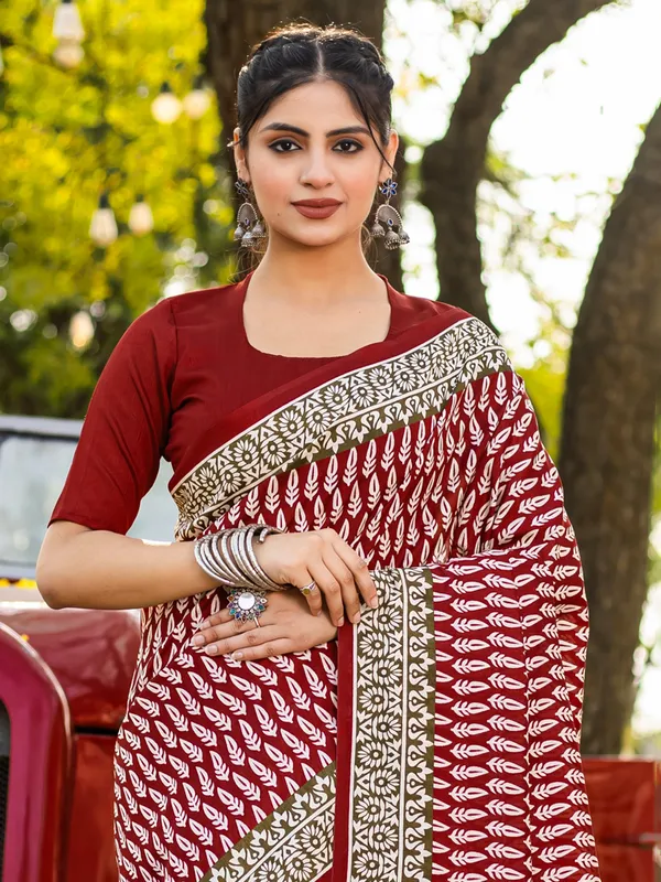 Maroon printed bhagalpuri silk saree for women