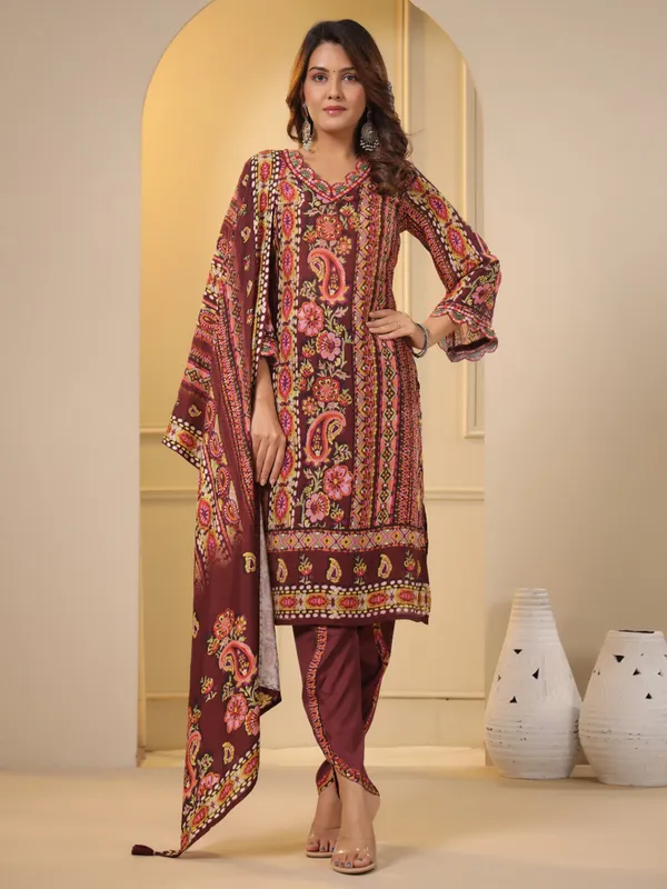 Maroon printed cotton dhoti set
