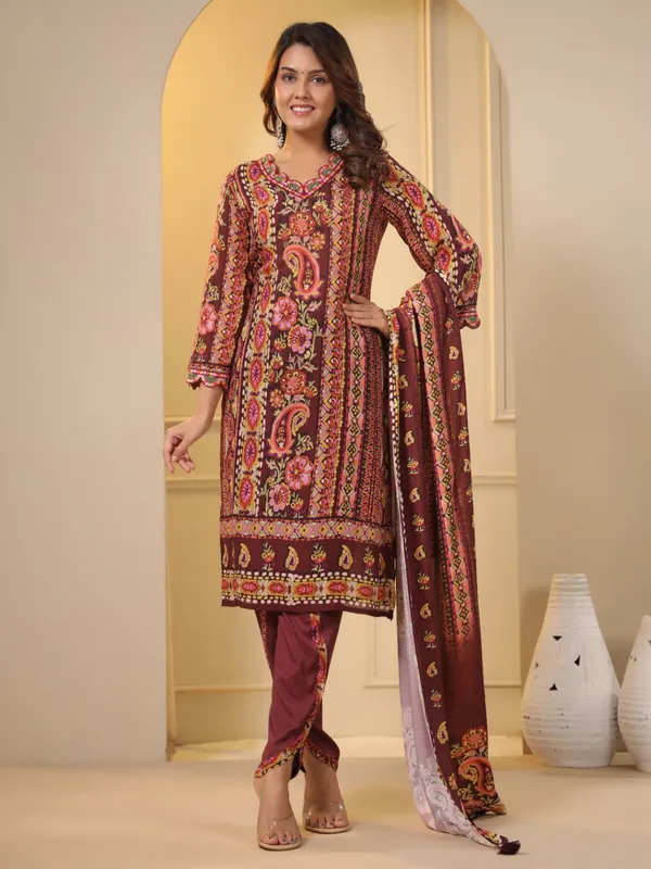 Maroon printed cotton dhoti set