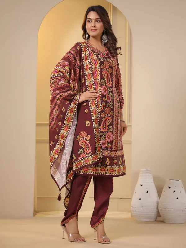 Maroon printed cotton dhoti set