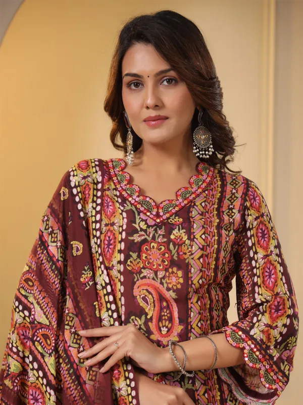 Maroon printed cotton dhoti set