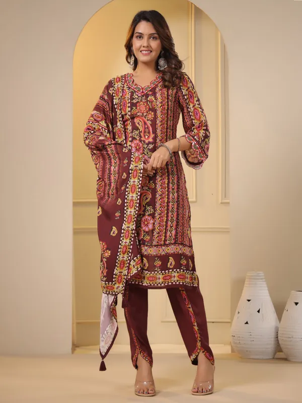 Maroon printed cotton dhoti set