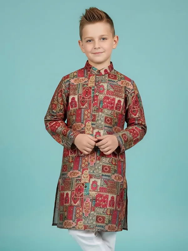 Maroon printed cotton kurta churidar suit