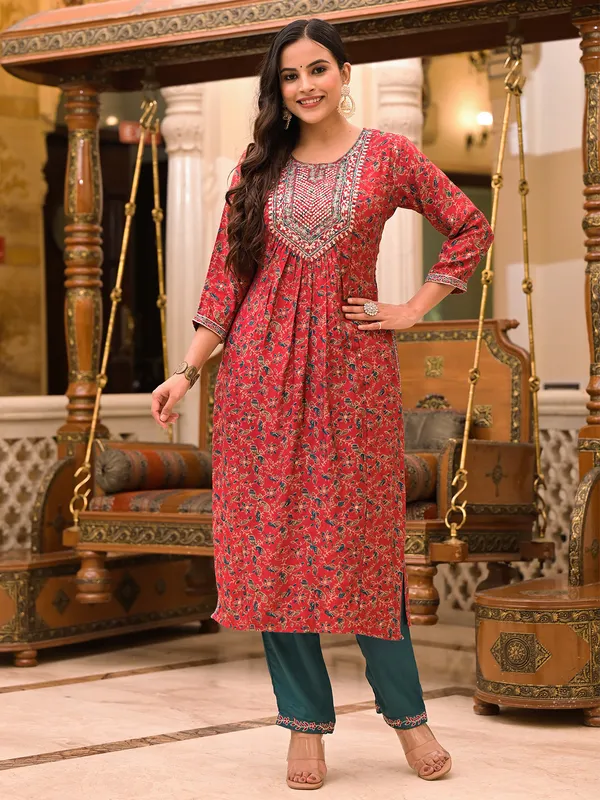 Maroon printed cotton kurti set for casual