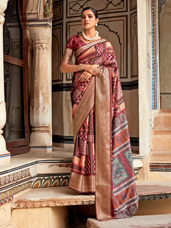 Maroon printed dola silk saree