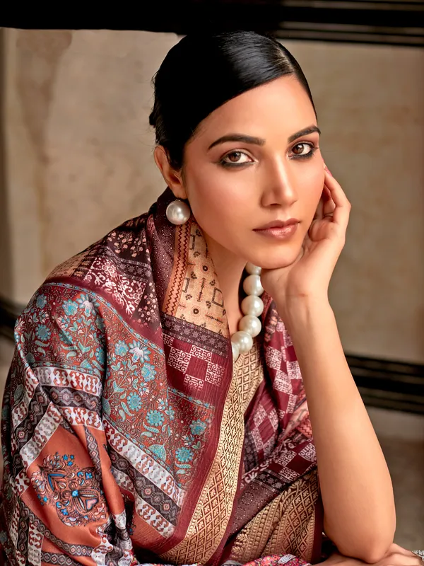 Maroon printed dola silk saree