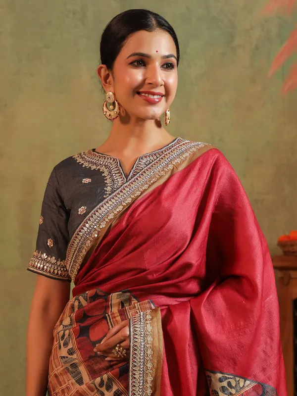 Maroon printed festive wear silk saree for women