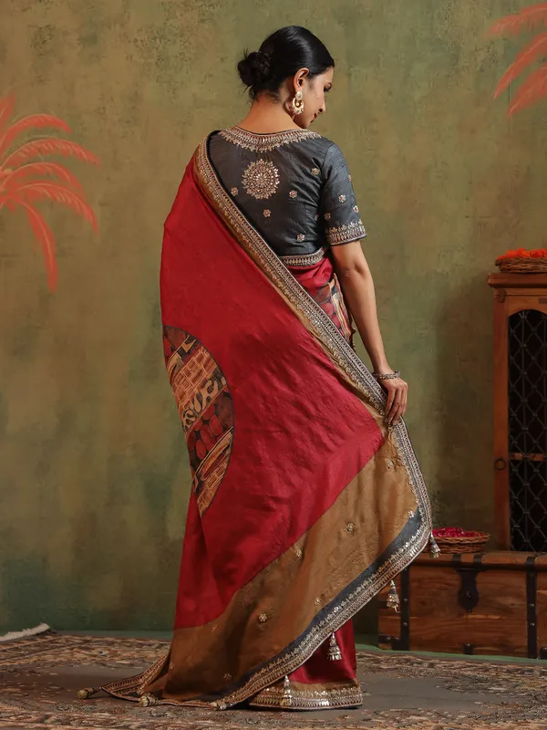 Maroon printed festive wear silk saree for women