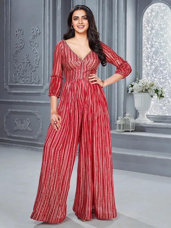 Maroon Printed Georgette Jumpsuit