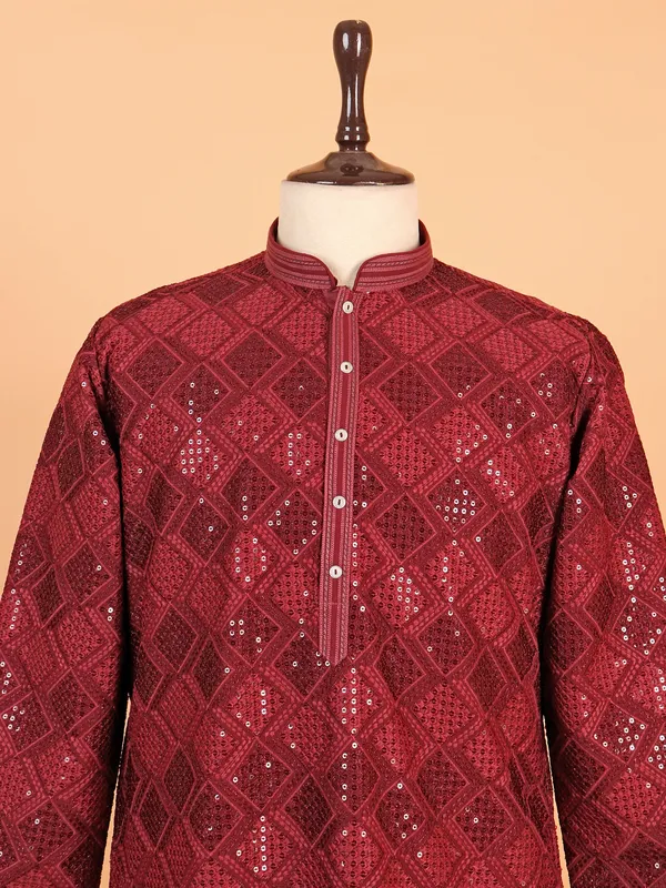 Maroon printed kurta suit in premium work for men