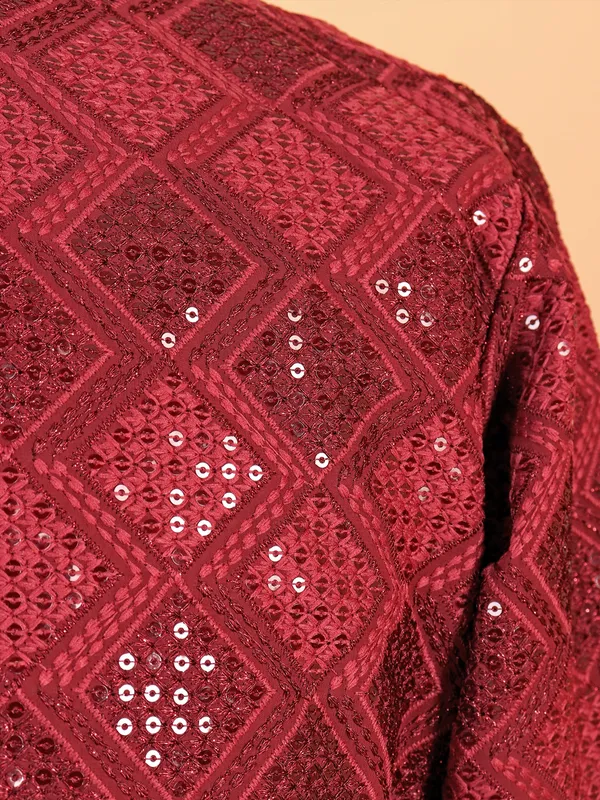 Maroon printed kurta suit in premium work for men