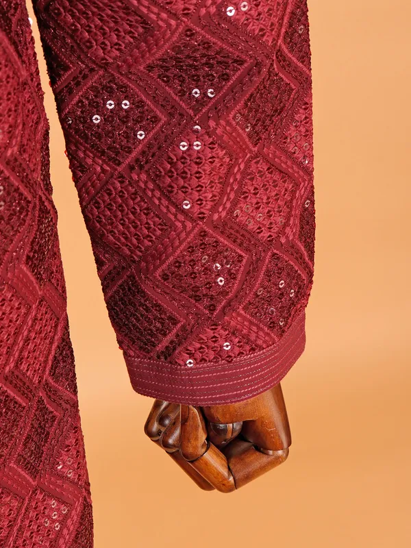Maroon printed kurta suit in premium work for men