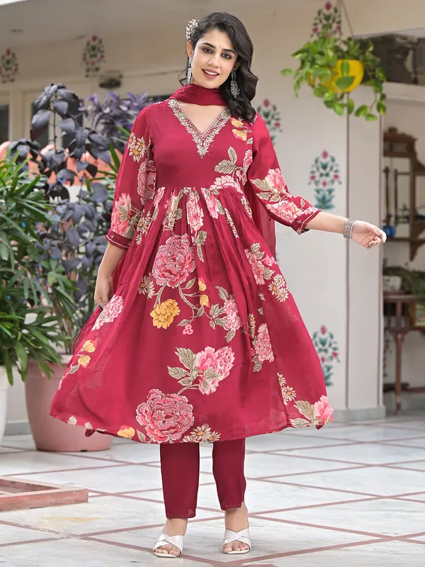 Maroon printed kurti set for women in silk