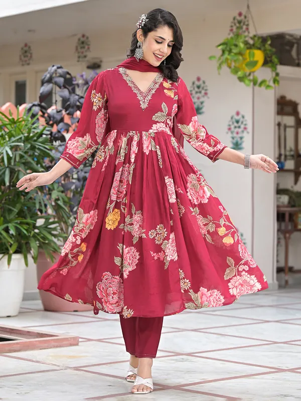 Maroon printed kurti set for women in silk