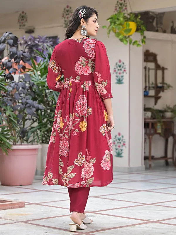 Maroon printed kurti set for women in silk
