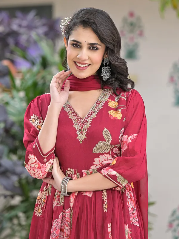 Maroon printed kurti set for women in silk