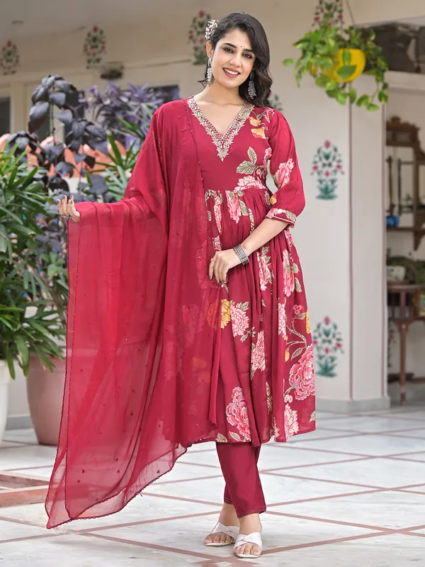 Maroon printed kurti set for women in silk