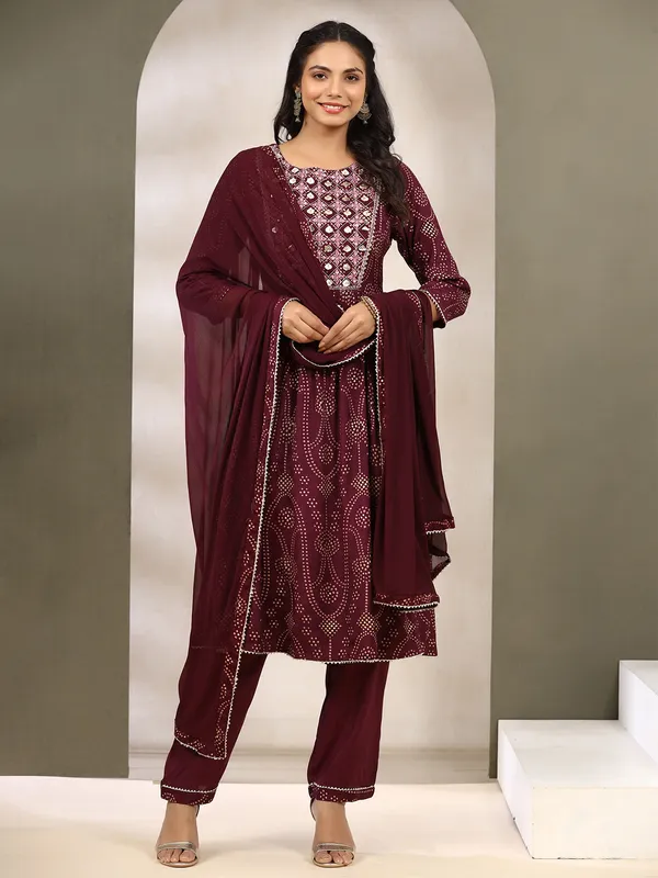 Maroon printed kurti set in cotton