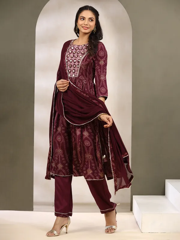 Maroon printed kurti set in cotton