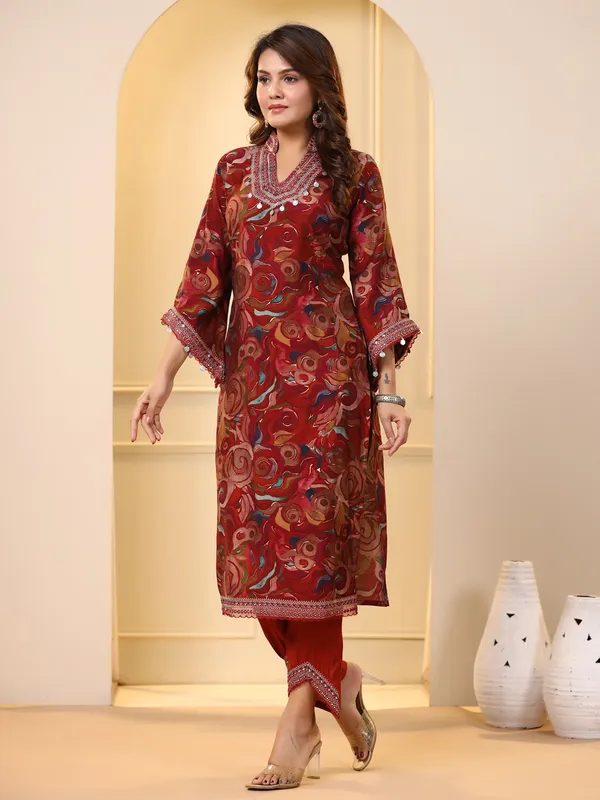 Maroon printed kurti with pant