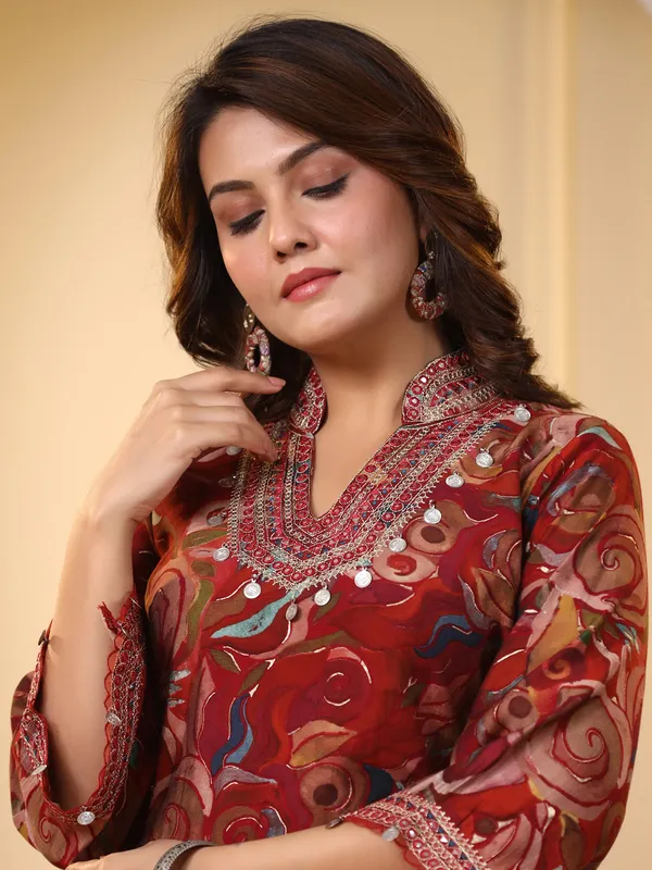 Maroon printed kurti with pant