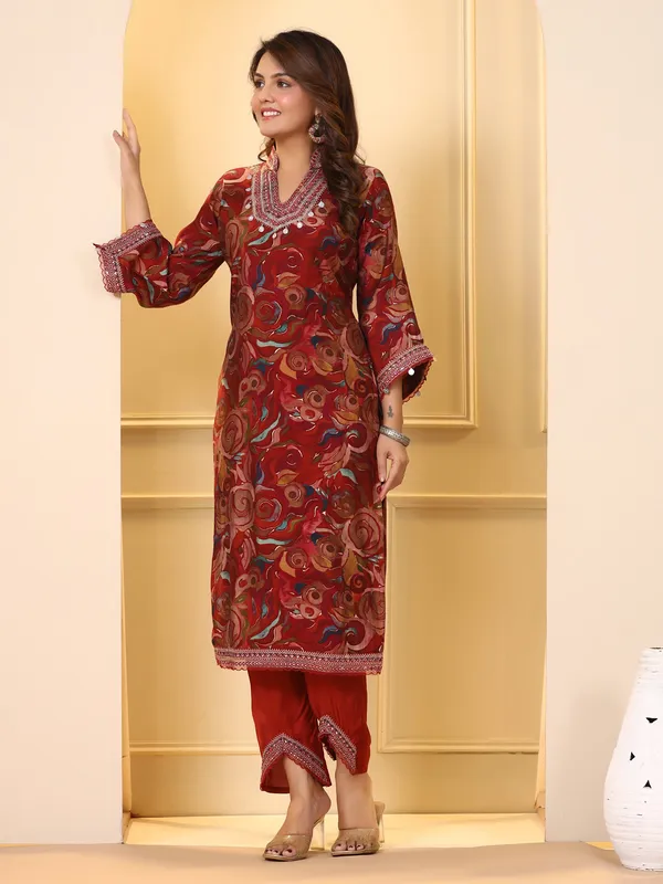 Maroon printed kurti with pant