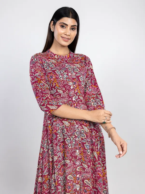Maroon printed long kurti in cotton silk