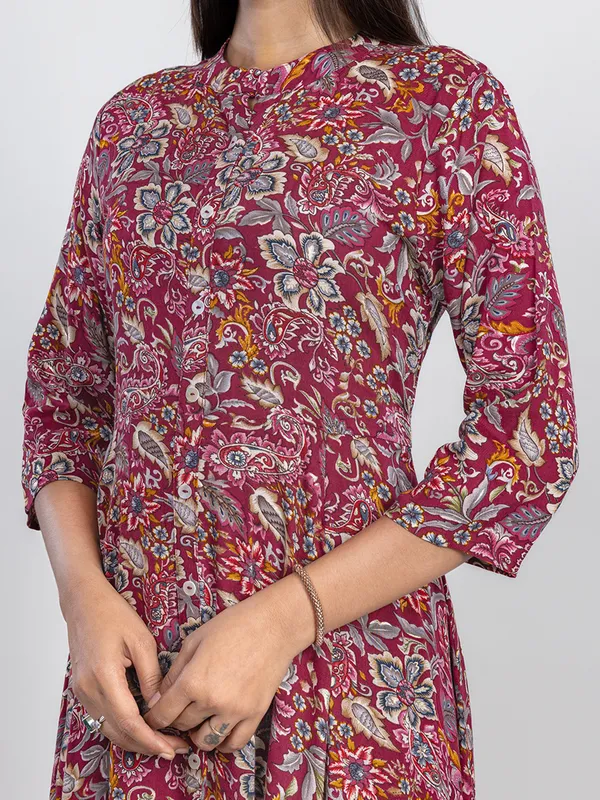 Maroon printed long kurti in cotton silk