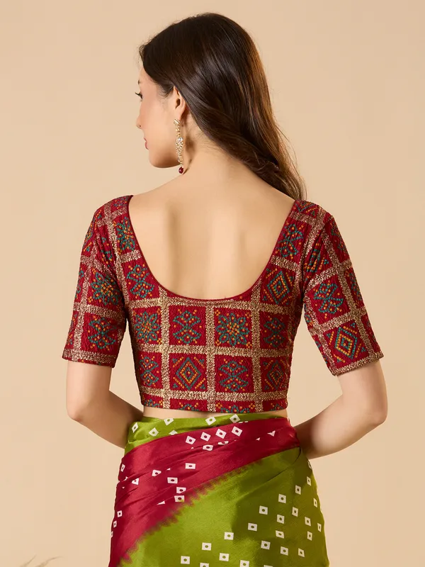 Maroon printed lycra ready made blouse with half sleeves