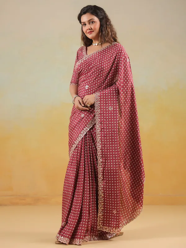 Maroon printed muslin saree with ready made blouse