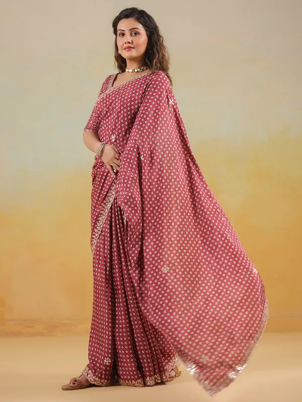 Maroon printed muslin saree with ready made blouse