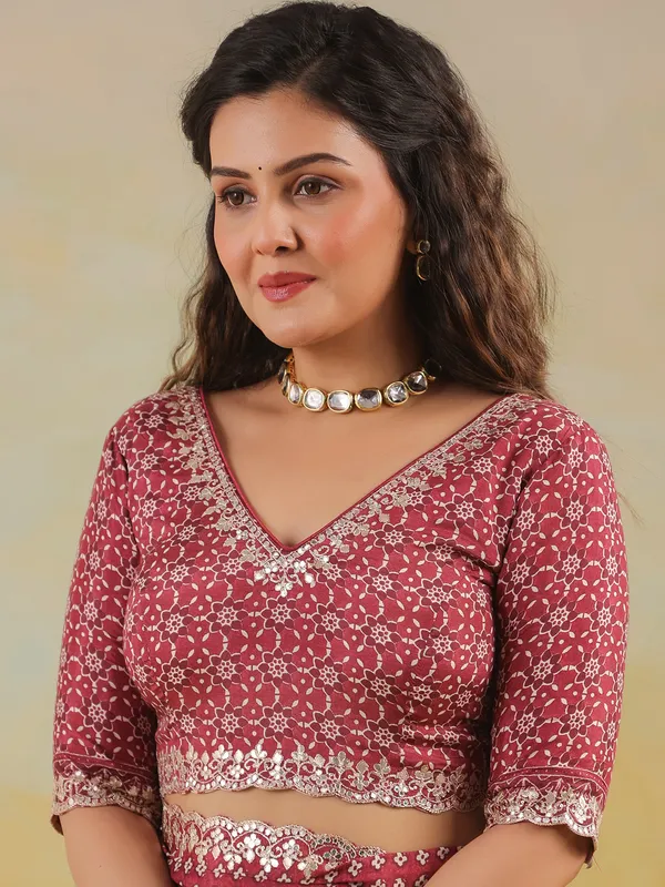 Maroon printed muslin saree with ready made blouse