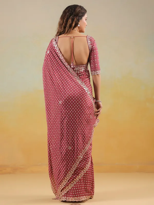 Maroon printed muslin saree with ready made blouse