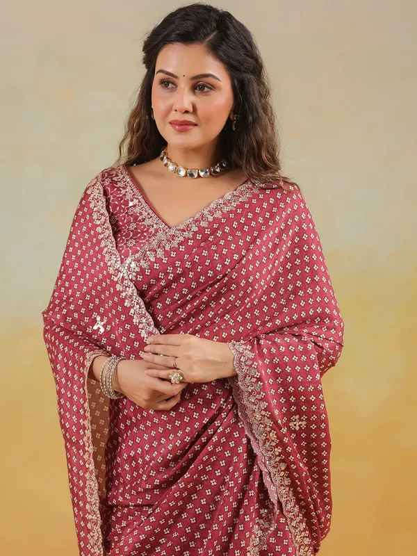 Maroon printed muslin saree with ready made blouse