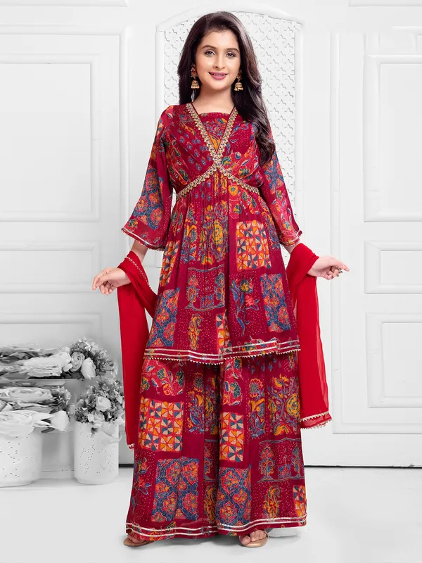 Maroon printed palazzo set with dupatta