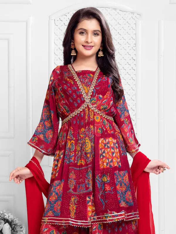 Maroon printed palazzo set with dupatta