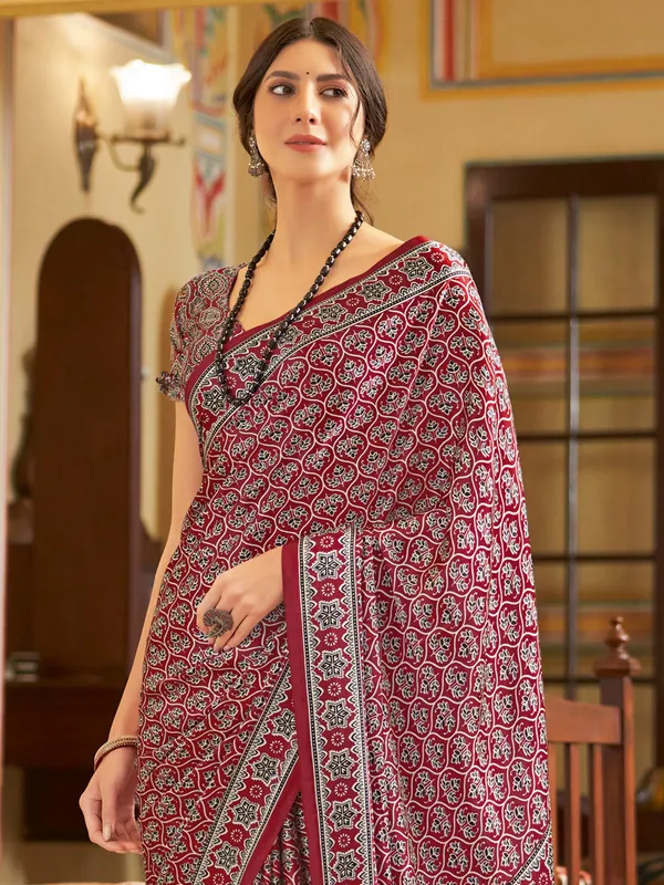 Maroon printed saree in japan silk