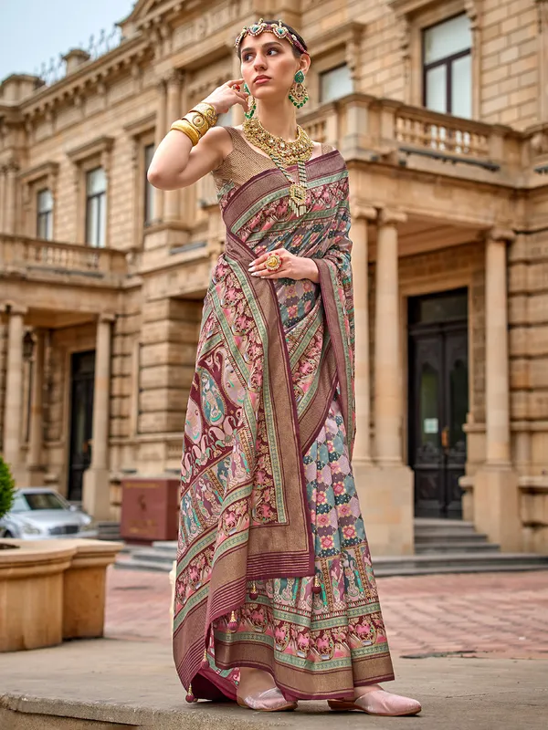 Maroon printed saree with zari border