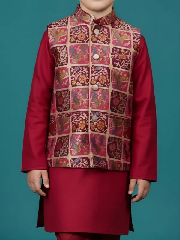 Maroon printed semi silk waistcoat set