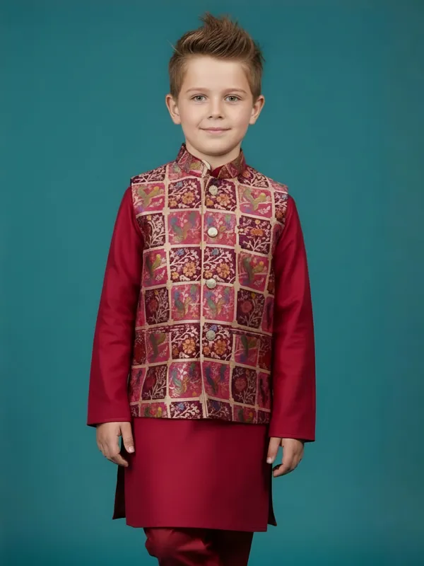Maroon printed semi silk waistcoat set