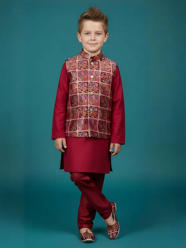 Maroon printed semi silk waistcoat set