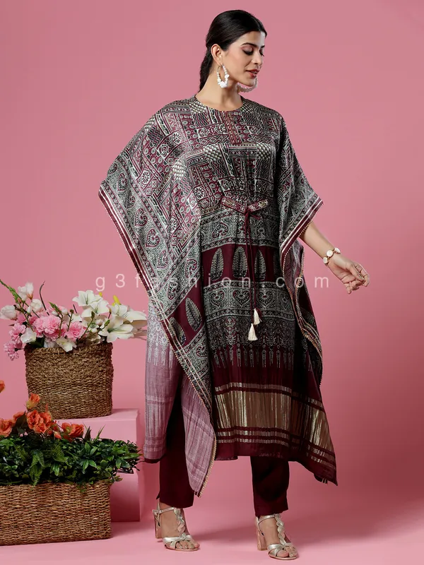 Maroon printed silk kaftan style kurti set
