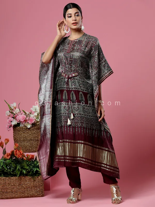 Maroon printed silk kaftan style kurti set